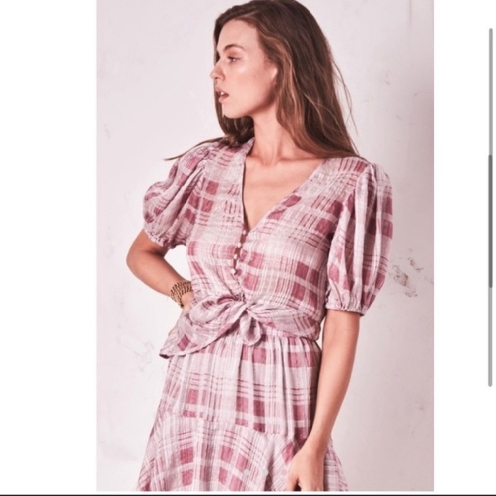 Love Shack Fancy Jordan Plaid Silk Blouse Sz l